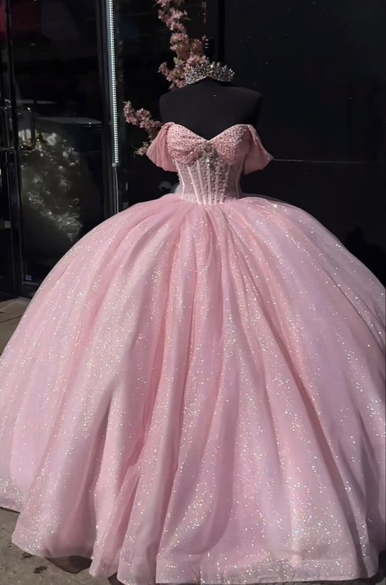 Glitter Pearls Pink Quinceanera Dresses Ball Gowns Sweet 15 16 Birthday Dress Main image