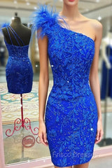 Glitter Royal Blue One Shoulder Lace Short Homecoming Dress with Feather