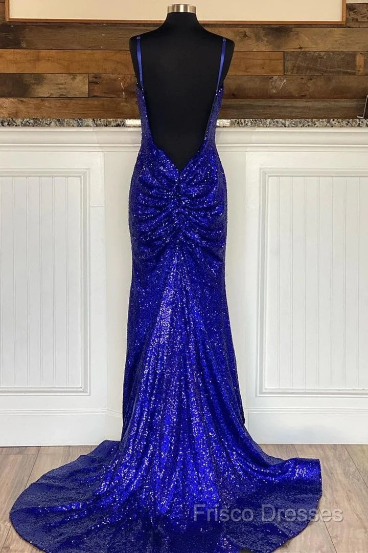 Glitter Royal Blue Sequins Formal Prom Dress Regency Backless Mermaid Formal Dress