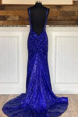 Glitter Royal Blue  Sequins Prom Dresses Regency Backless Mermaid Formal Dress