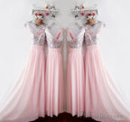 Glitter Sequins V Neck Long Chiffon Pink Bridesmaid Dresses