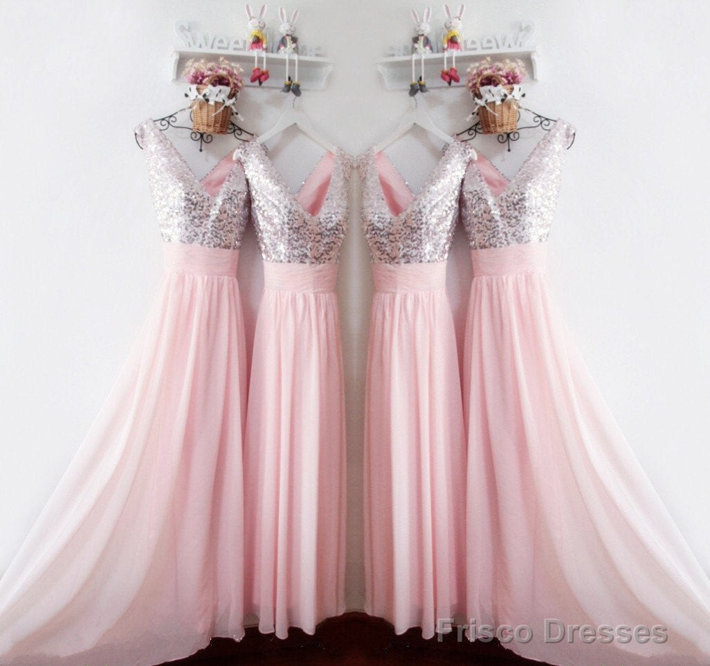 Glitter Sequins V Neck Long Chiffon Pink Bridesmaid Dresses