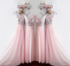 Glitter Sequins V Neck Long Chiffon Pink Bridesmaid Dresses