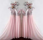 Glitter Sequins V Neck Long Chiffon Pink Bridesmaid Dresses