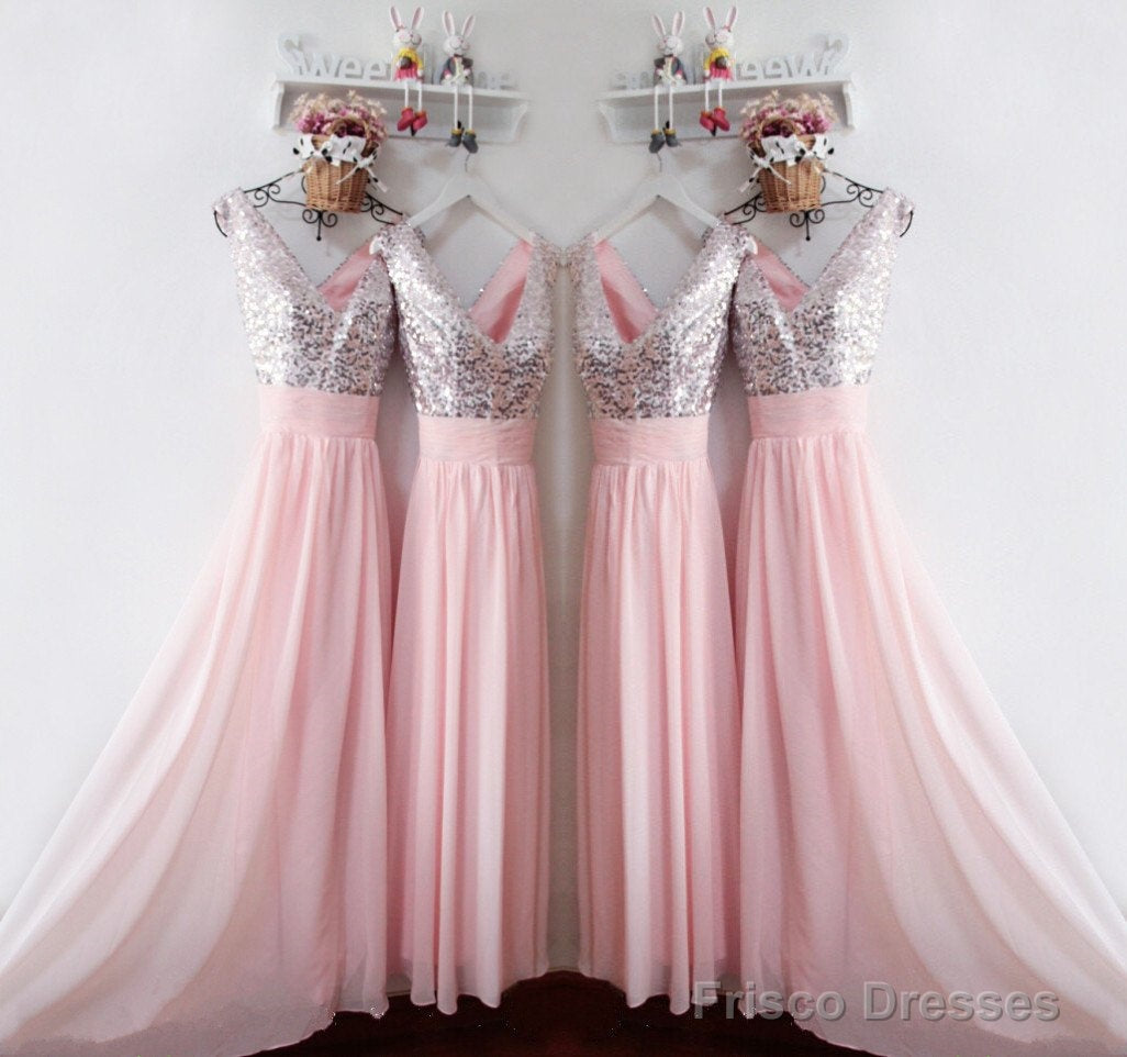 Glitter Sequins V Neck Long Chiffon Pink Bridesmaid Dresses