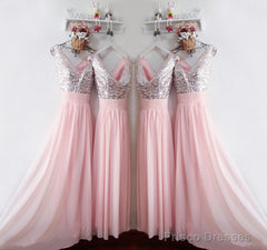 Glitter Sequins V Neck Long Chiffon Pink Bridesmaid Dresses