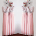 Glitter Sequins V Neck Long Chiffon Pink Bridesmaid Dresses