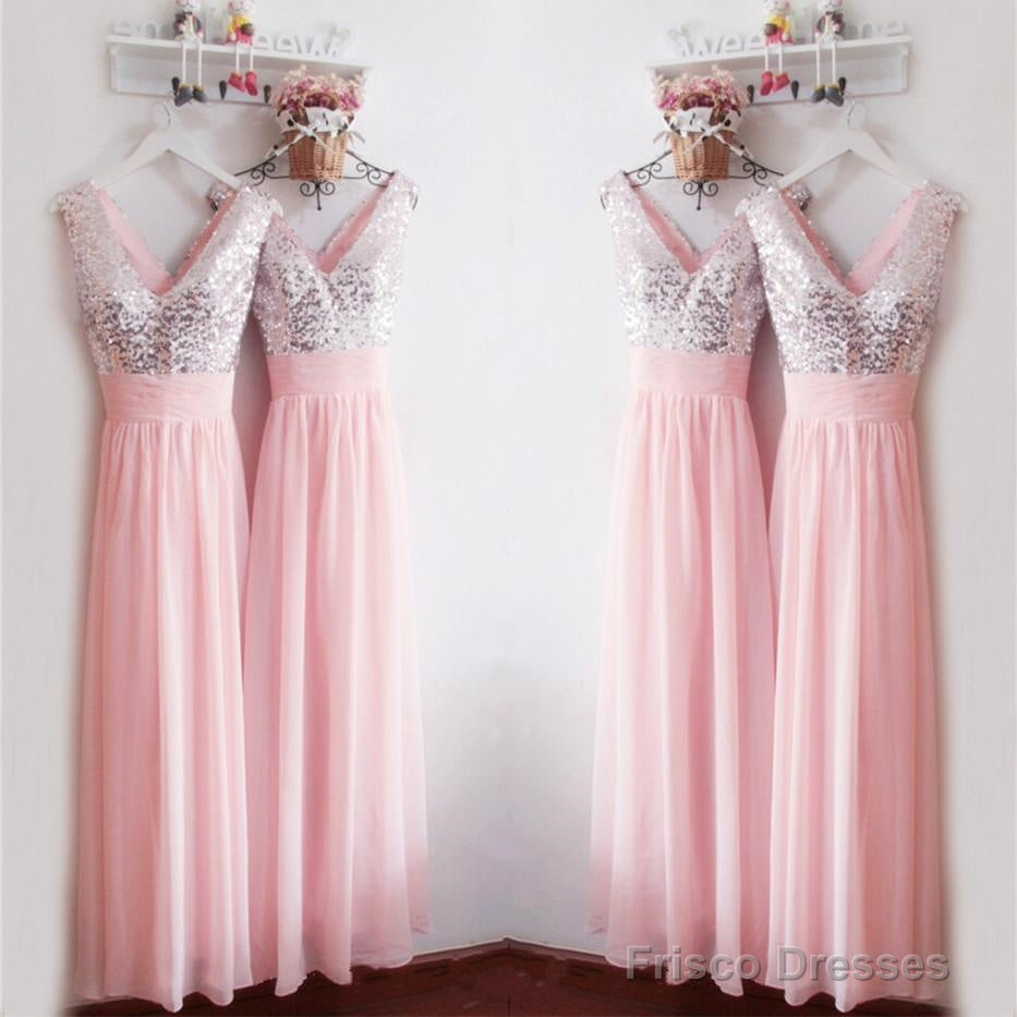 Glitter Sequins V Neck Long Chiffon Pink Bridesmaid Dresses