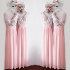 Glitter Sequins V Neck Long Chiffon Pink Bridesmaid Dresses