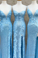 Glitter Sky Blue Sequins Long Prom Dress With Flower Appliques