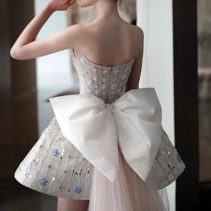 Glitter Strapless Tulle Beaded Mini Birthday Dress Pink Homecoming Dress With Bow