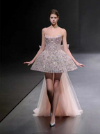 Glitter Strapless Tulle Beaded Mini Birthday Dress Pink Homecoming Dress With Bow