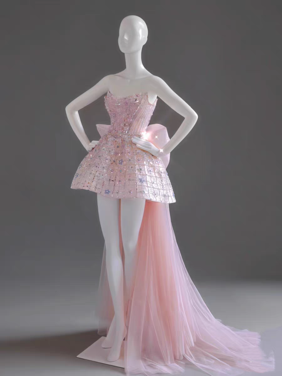 Glitter Strapless Tulle Beaded Mini Birthday Dress Pink Homecoming Dress With Bow