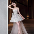 Glitter Strapless Tulle Beaded Mini Birthday Dress Pink Homecoming Dress With Bow