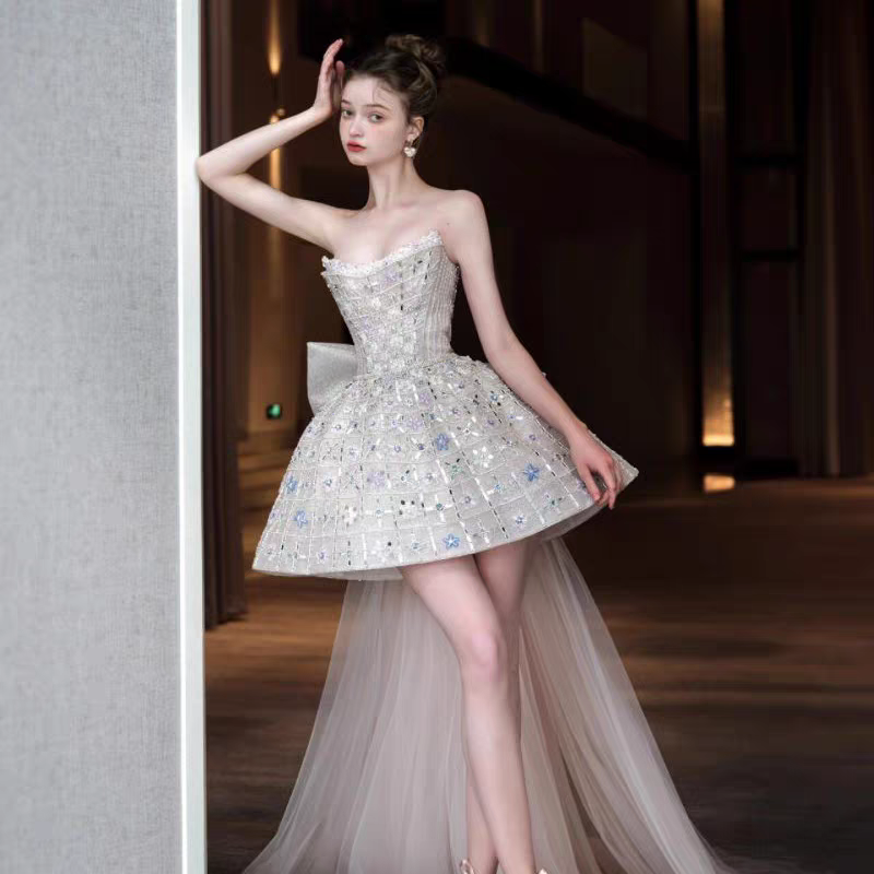 Glitter Strapless Tulle Beaded Mini Birthday Dress Pink Homecoming Dress With Bow