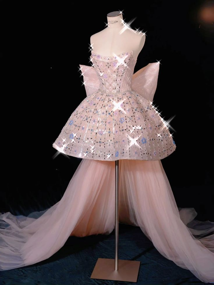 Glitter Strapless Tulle Beaded Mini Birthday Dress Pink Homecoming Dress With Bow Main image