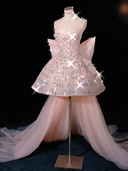 Glitter Strapless Tulle Beaded Mini Birthday Dress Pink Homecoming Dress With Bow