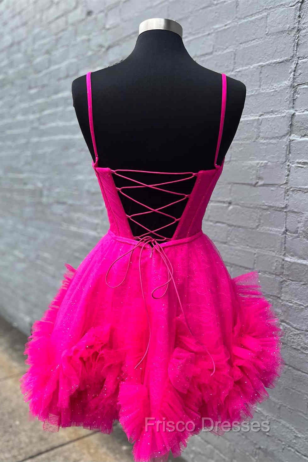 Glitter Straps Hot Pink Ruffle A-Line Homecoming Dress Secondary image