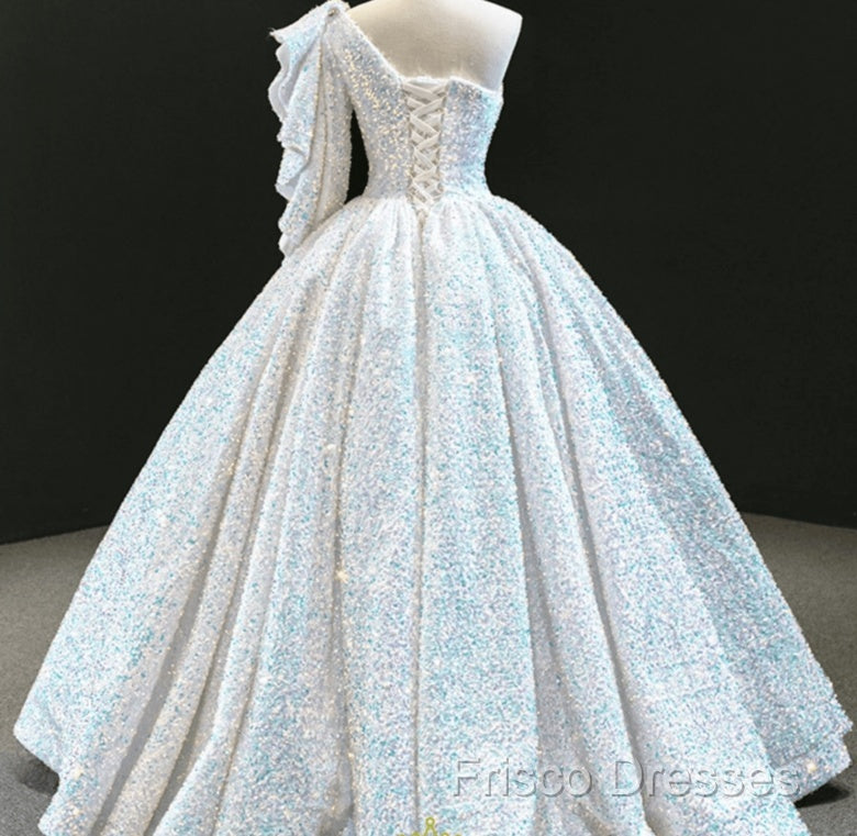 Glitter White Sequin Wedding Dress One Shoulder Ball Gown Quinceanera Dress Secondary image