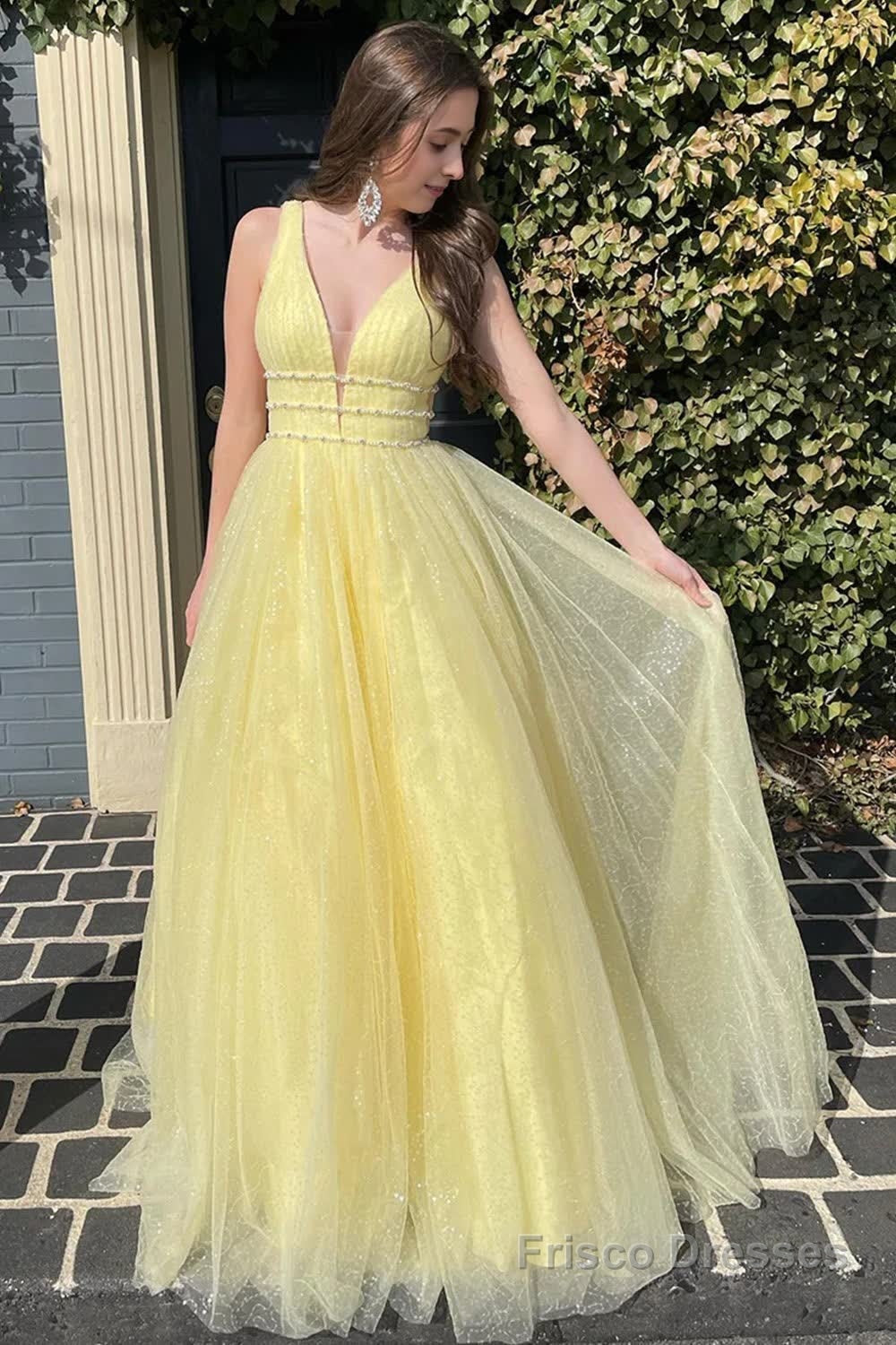 Glitter Yellow A-Line Beaded Long Tulle Prom Dress Main image