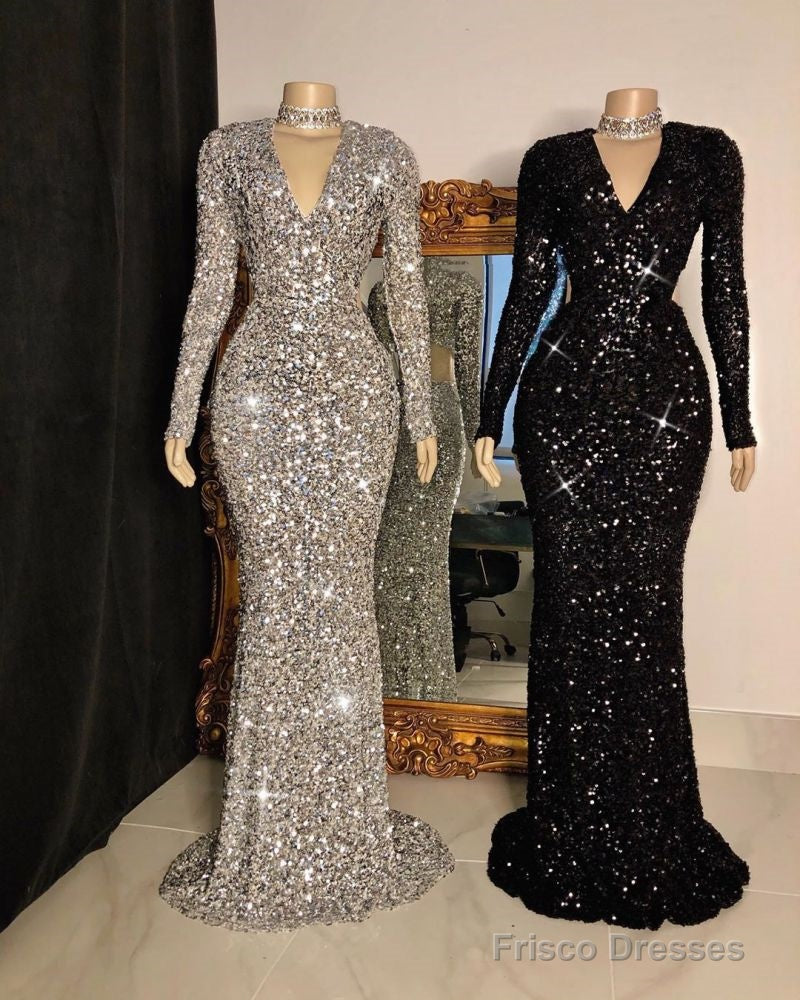 Glittering Crystal Sequins Long Sleevess V-Neck Mermaid Prom Dresses Secondary image