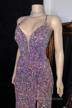 Glittering Spaghetti-Straps Sequins Formal Prom Dress Mermaid Sleeveless With Slit