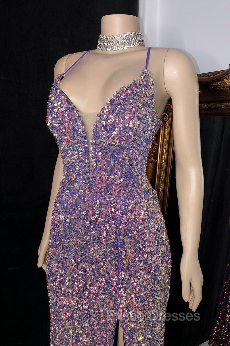 Glittering Spaghetti-Straps Sequins Formal Prom Dress Mermaid Sleeveless With Slit