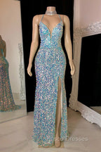 Glittering Spaghetti-Straps Sequins Formal Prom Dress Mermaid Sleeveless With Slit