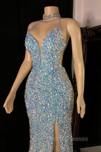 Glittering Spaghetti-Straps Sequins Formal Prom Dress Mermaid Sleeveless With Slit