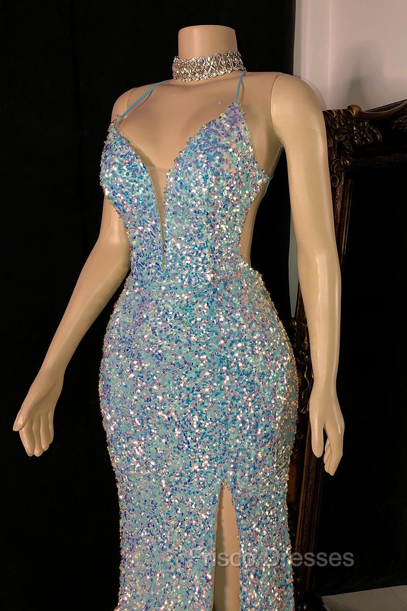 Glittering Spaghetti-Straps Sequins Formal Prom Dress Mermaid Sleeveless With Slit