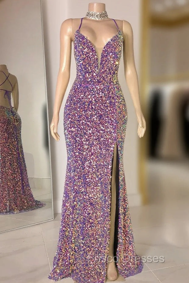 Glittering Spaghetti-Straps Sequins Formal Prom Dress Mermaid Sleeveless With Slit Main image
