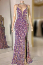 Glittering Spaghetti-Straps Sequins Formal Prom Dress Mermaid Sleeveless With Slit