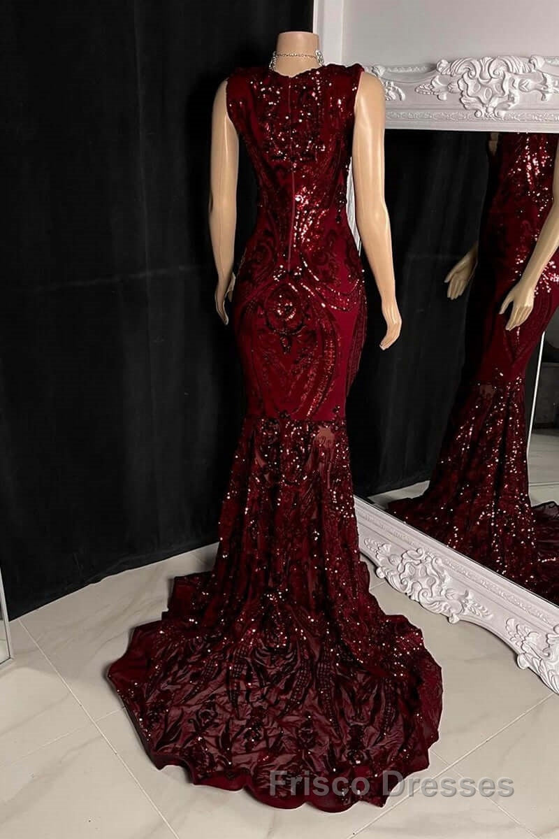 Glittery Long Red Mermaid Sleeveless Formal Prom Dress Sequin