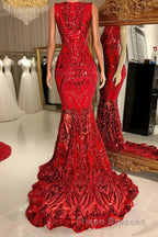 Glittery Long Red Mermaid Sleeveless Formal Prom Dress Sequin