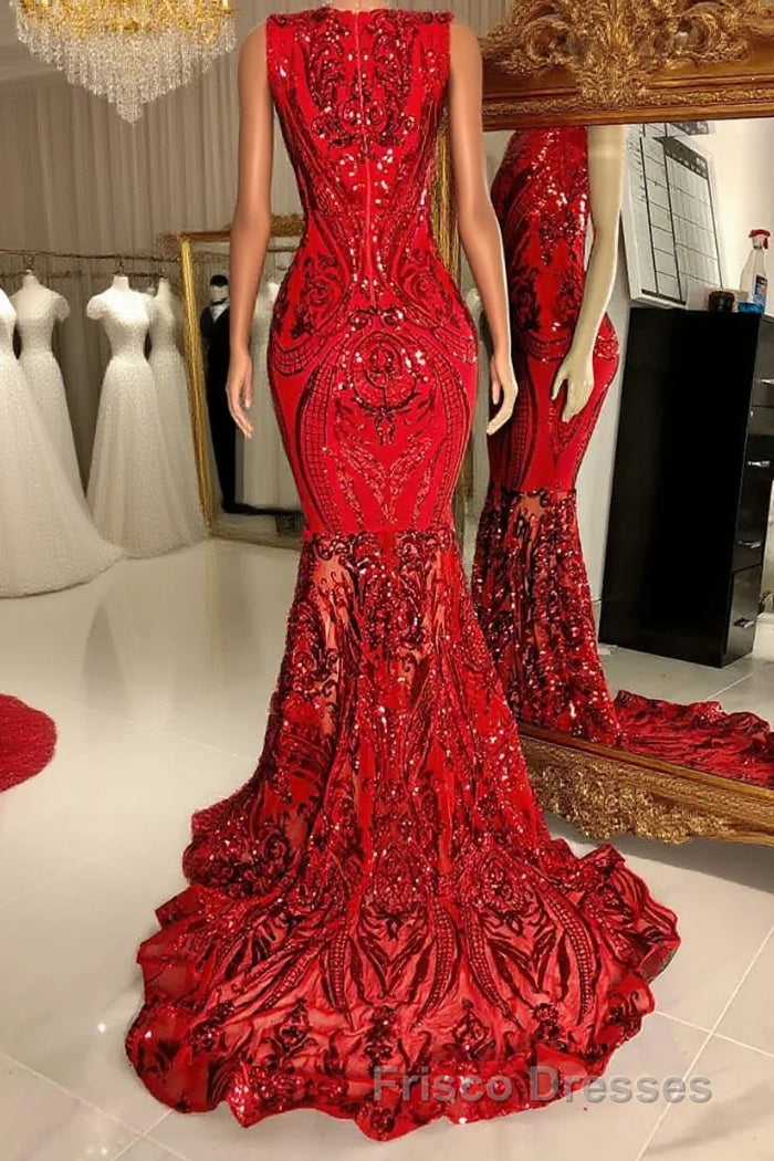 Glittery Long Red Mermaid Sleeveless Formal Prom Dress Sequin