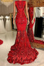 Glittery Long Red Mermaid Sleeveless Formal Prom Dress Sequin