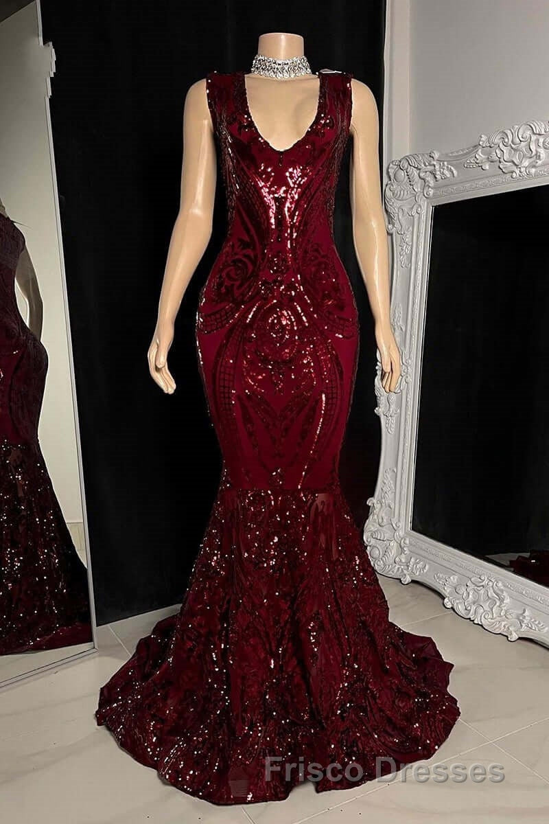 Glittery Long Red Mermaid Sleeveless Formal Prom Dress Sequin