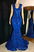 Glittery Long Red Mermaid Sleeveless Formal Prom Dress Sequin