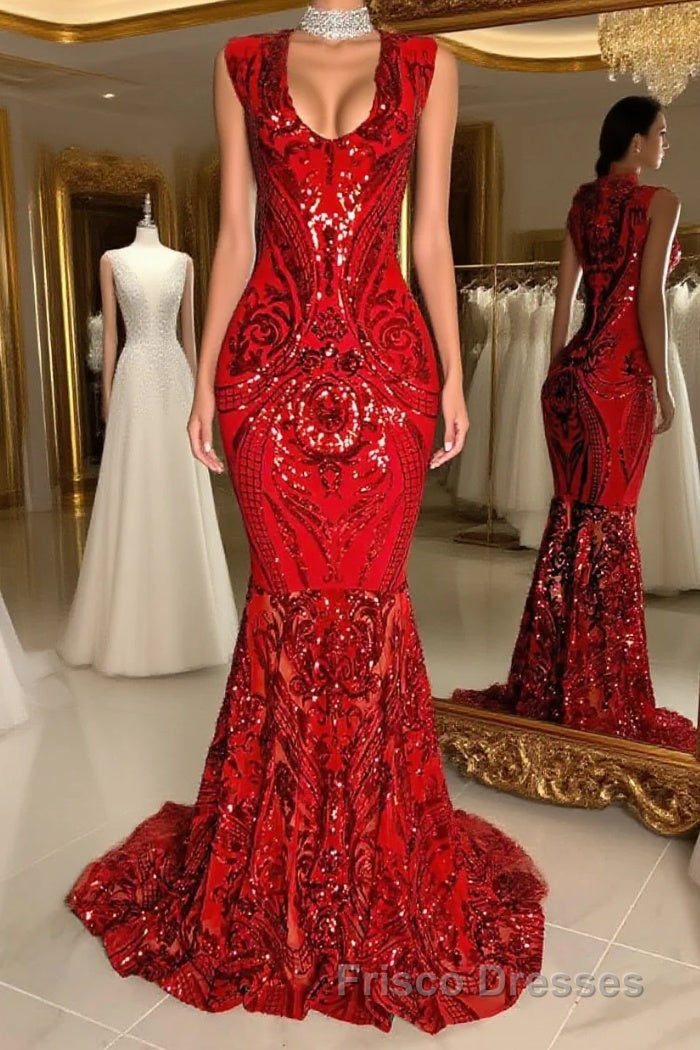 Glittery Long Red Mermaid Sleeveless Formal Prom Dress Sequin