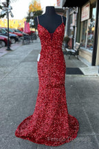 Glittery Mermaid Red Sequin V-Neck Lace-Up Back Formal Prom Dress Gala Gown
