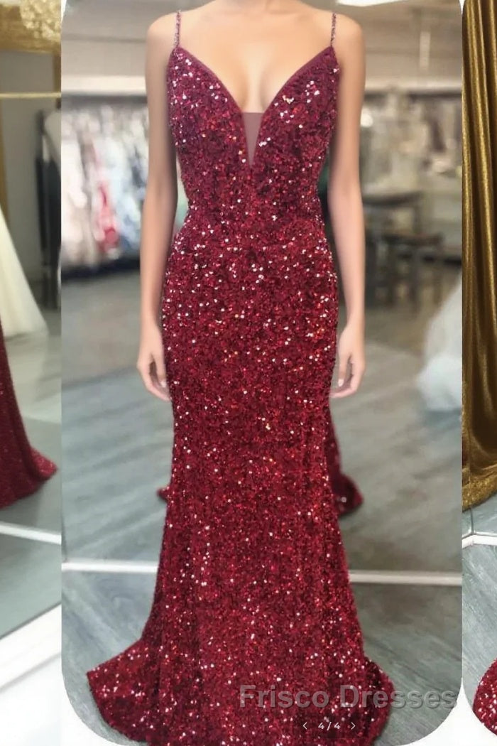 Glittery Mermaid Red Sequin V-Neck Lace-Up Back Formal Prom Dress Gala Gown Main image
