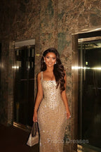 Glowing Champagne Square Mermaid Straps Prom Dresses Sequins Sleeveless With Beads