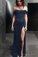 Sheath Off-the-Shoulder Sweep Train Silk like Satin Prom Dresses With Leg Slit