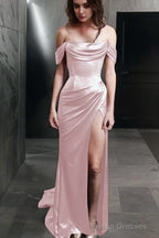 Sheath Off-the-Shoulder Sweep Train Silk like Satin Prom Dresses With Leg Slit