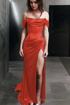 Sheath Off-the-Shoulder Sweep Train Silk like Satin Prom Dresses With Leg Slit