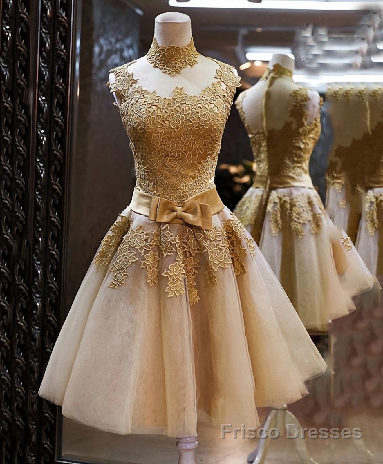 Gold Lace High Neck Short Prom Dress, Homecoming Dress Main image