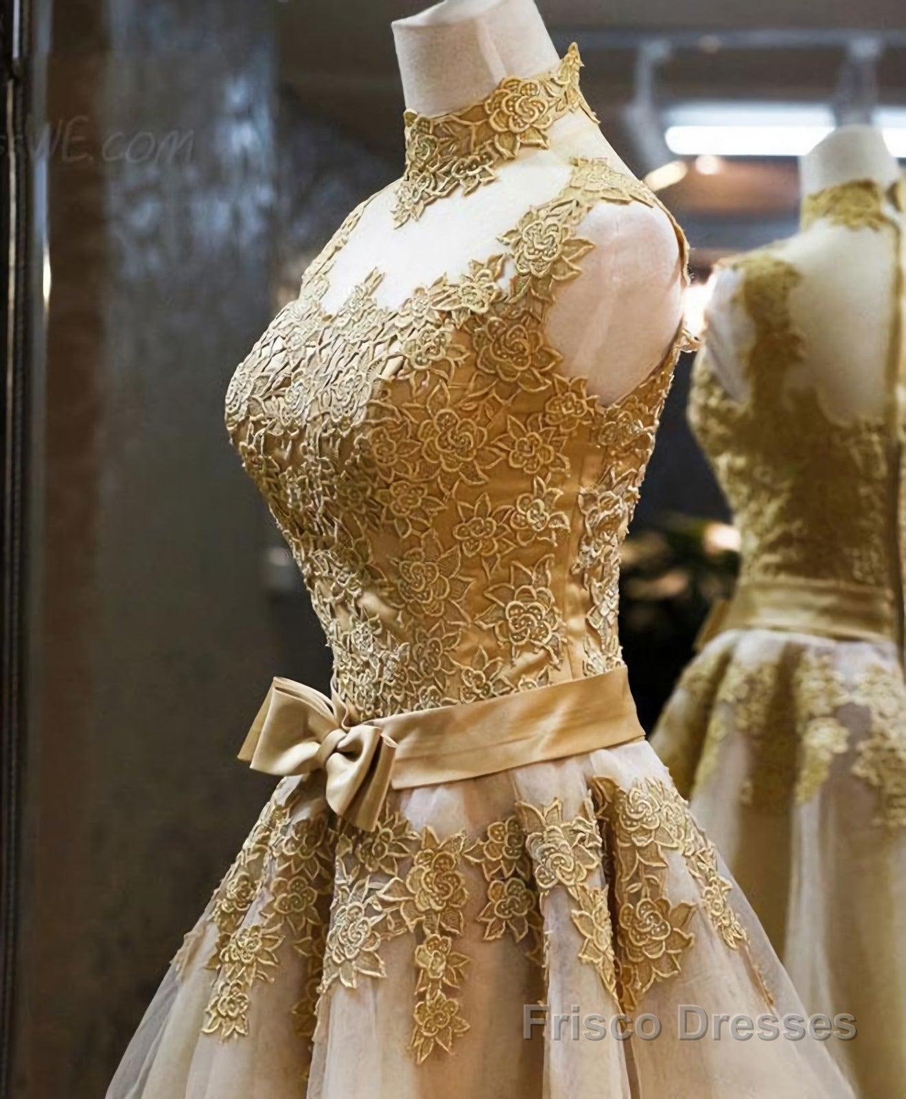 Gold Lace High Neck Short Prom Dress, Homecoming Dress – Frisco Dresses