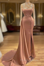 Goegeous Long Sleeves Mermaid Evening Dress Lace High-Neck With Buttons