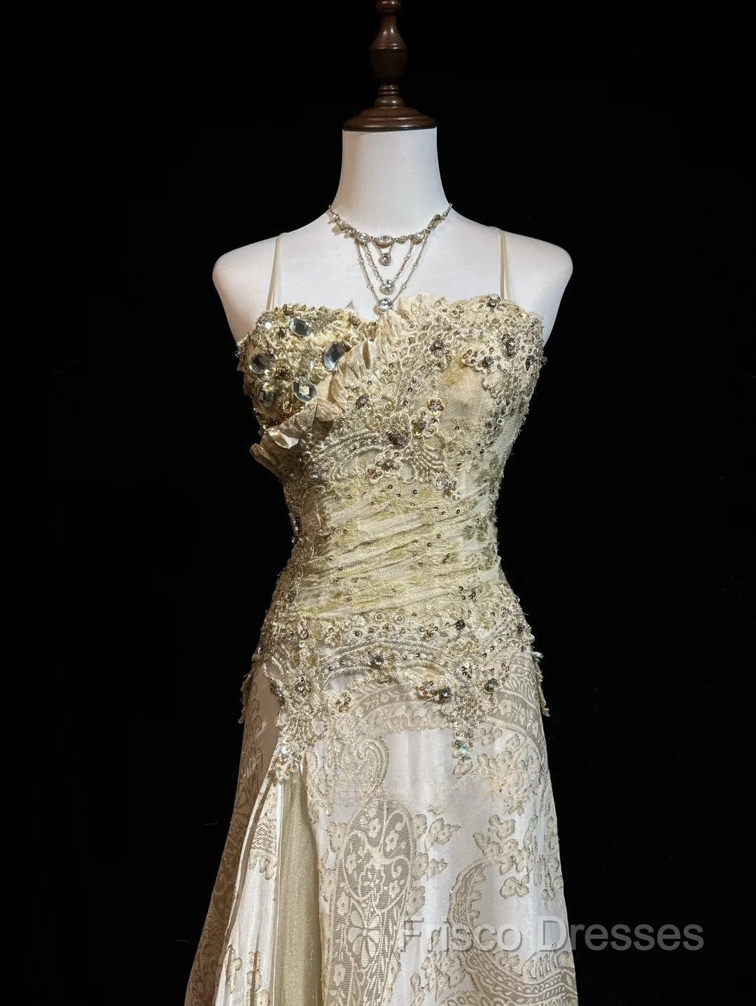Gold A-Line Spaghetti Strap Satin Lace Long Formal Prom Dress With Beaded Appliques