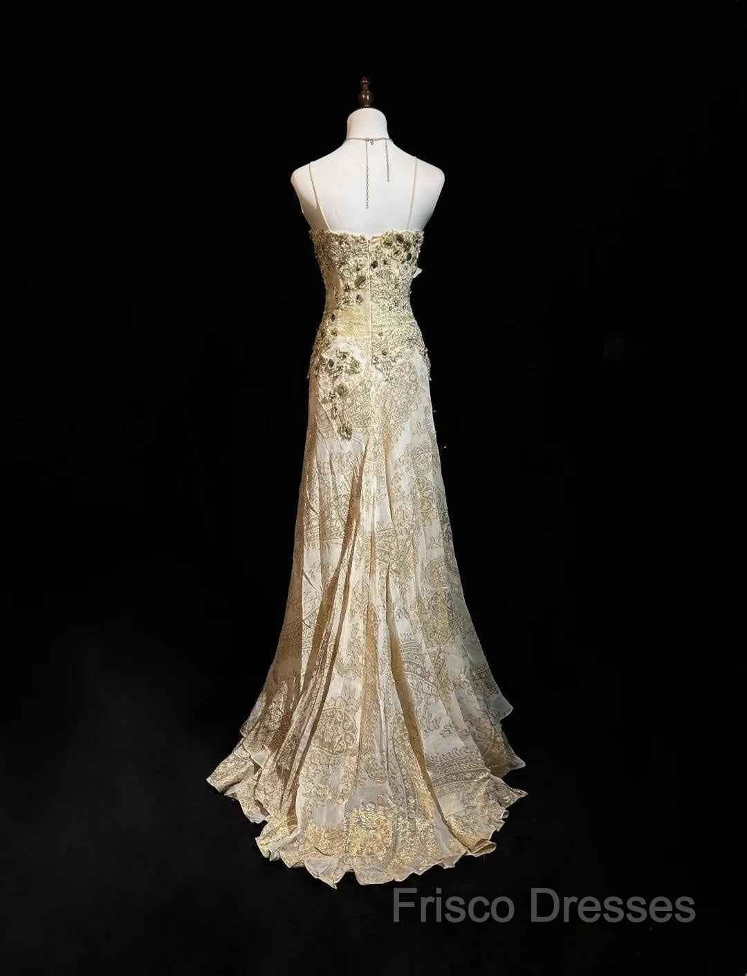 Gold A-Line Spaghetti Strap Satin Lace Long Formal Prom Dress With Beaded Appliques